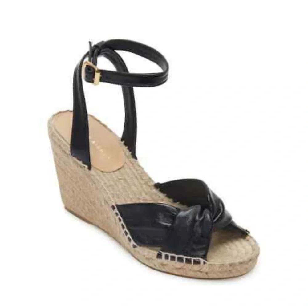 New Etienne Aigner Womens  Black Patent Leather Vera Espadrille Wedge Sandal